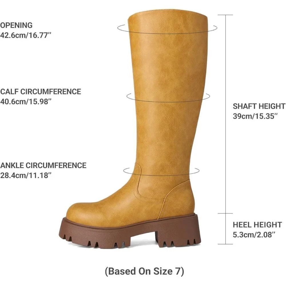 Women's Yellow Knee High Round-Toe Side Zip Stylish Comfortable Chunky Heel Boot